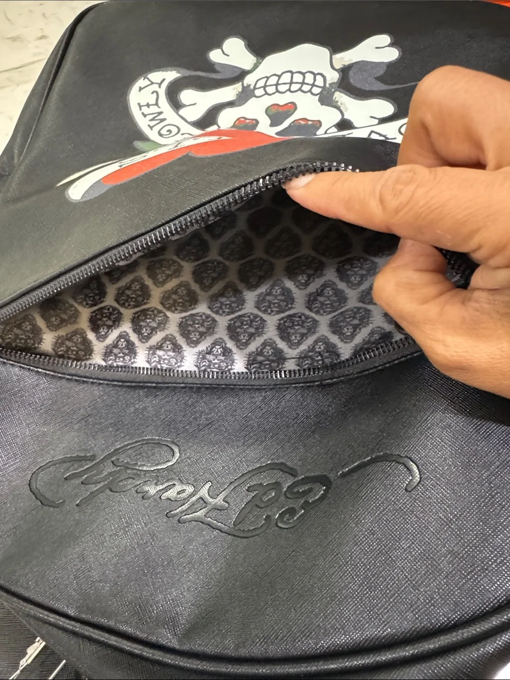 Ed Hardy Black Backpack with Red Heart and Skull Banner Graphic